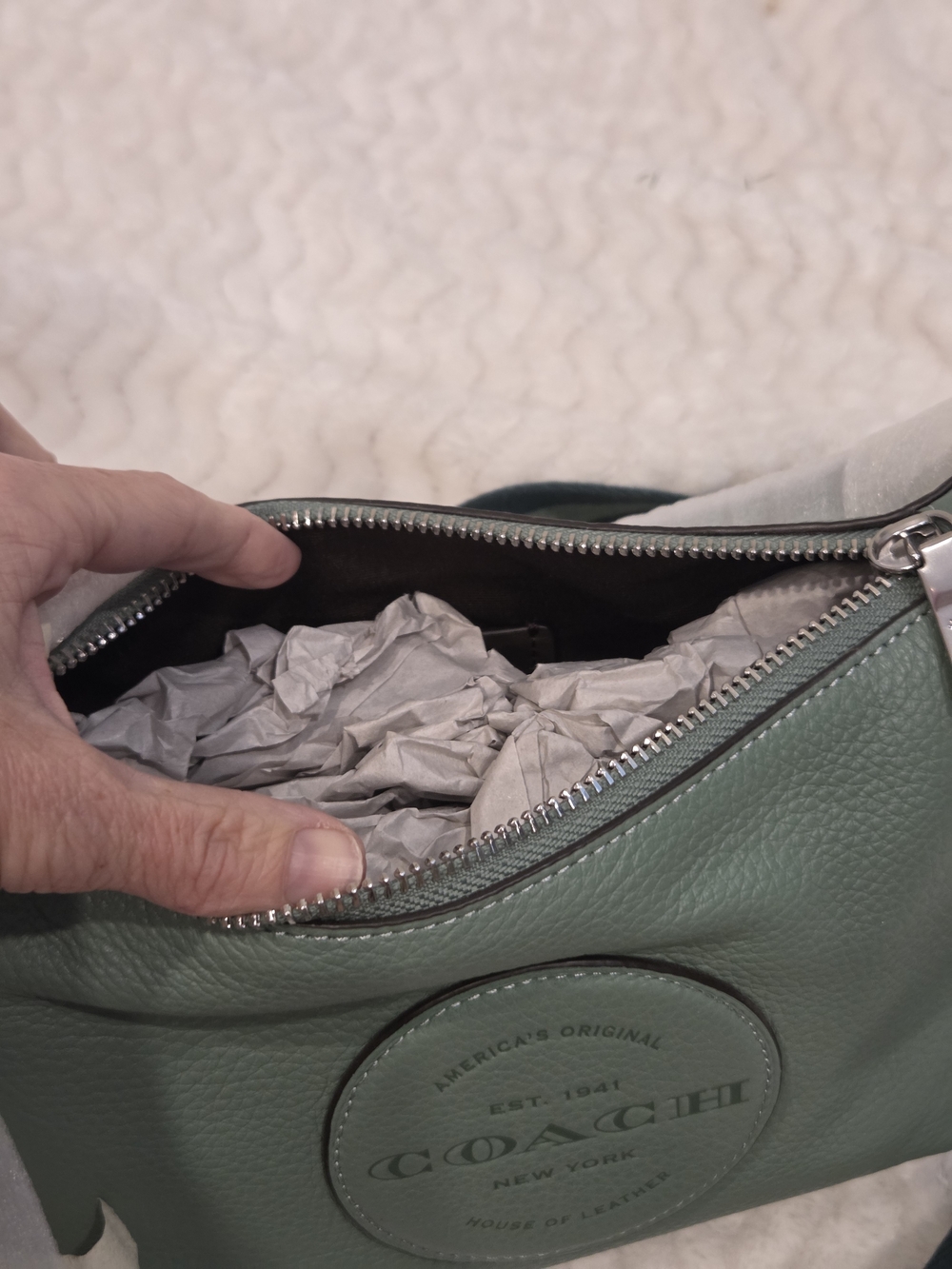 NEW Coach Dempsey Zip-Top Pebble Leather Shoulder Bag in Sage Green - Picture 7 of 7